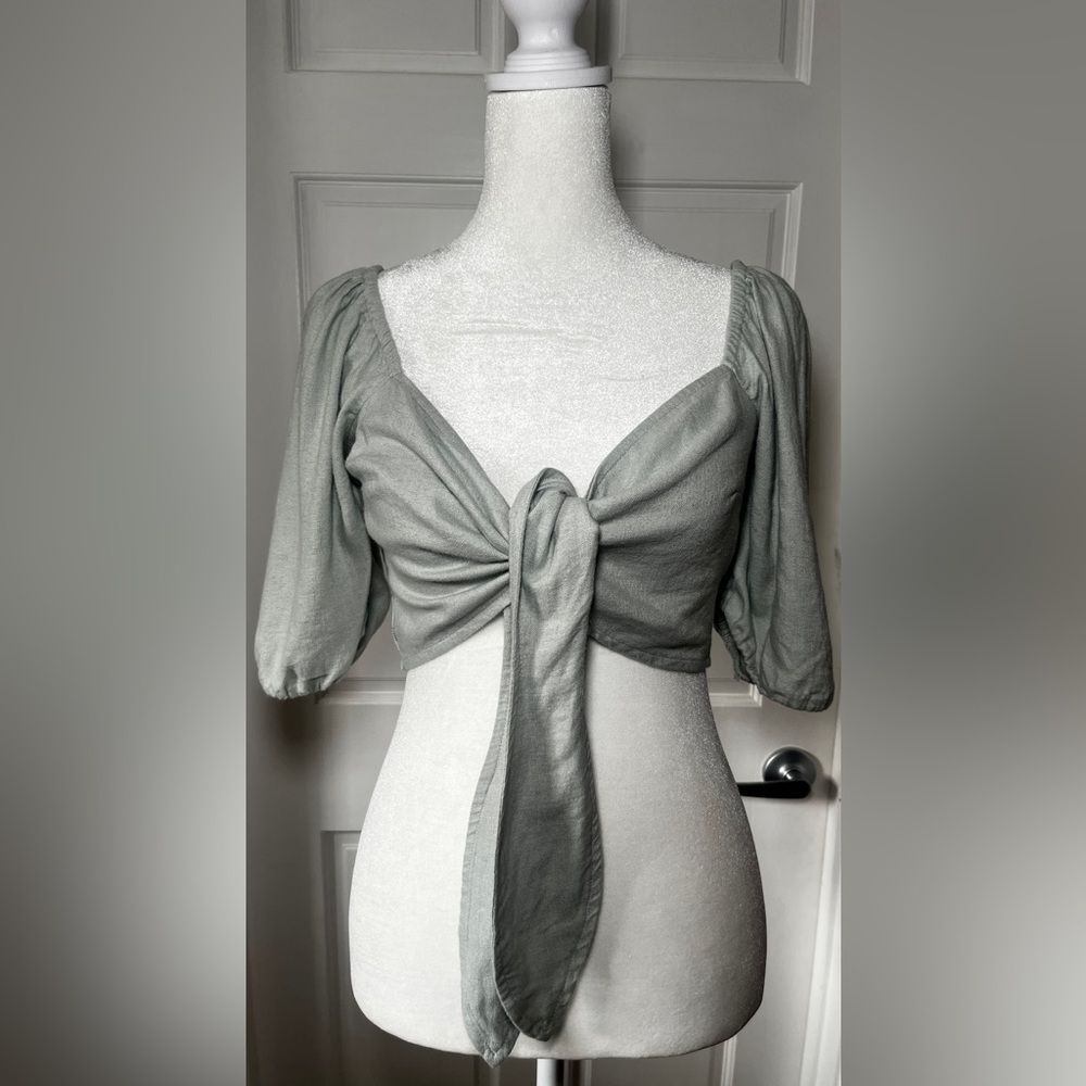 Abercrombie Tie Front Linen Blend Puff Sleeve Top Size Small Sage Green